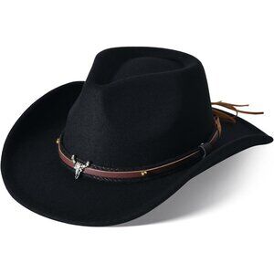 Unisex Black Western With Bull Skull Buckle Band Classic Fedora Cowboy Felt Hat